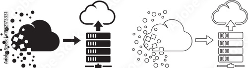 Cloud computing data transfer and storage technology icons set