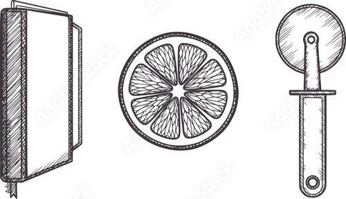 Hand drawn open book citrus slice and pizza cutter orange