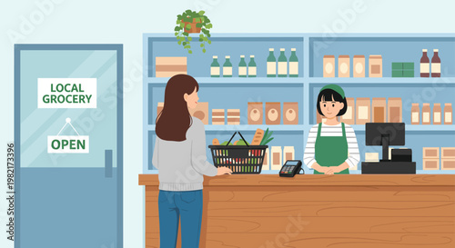 A brightly colored illustration depicts a customer checking out at a local grocery store with a cashier assisting her at the counter