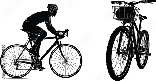 Cyclist silhouette riding bicycle, mountain bike with basket, black vector illustration, sports activity, isolated bike design, urban transport concept