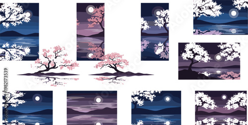 Vector set of atmospheric moonlit night landscapes with Zen-style water reflections.Vector set of atmospheric moonlit night landscapes with Zen-style water reflections.