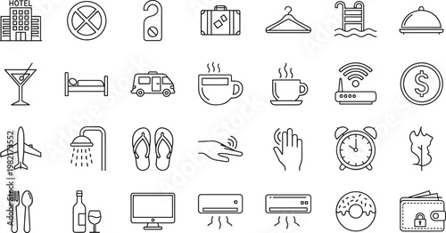 Hotel service and hospitality line icon set with amenities, room access, luggage, security, and travel symbols minimal outline vector collection