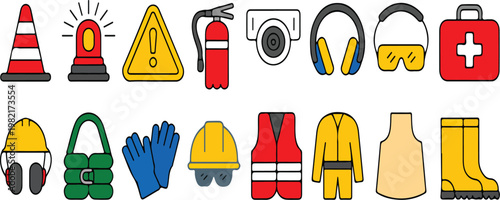 Safety and security icon set with helmet, gloves, vest, cones and alarm signs, occupational protection warning symbols