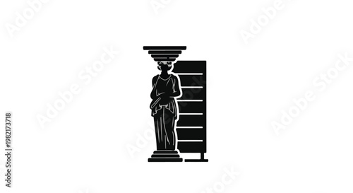 Statue of a classical female figure stands beside a tall rectangular display board in this design.