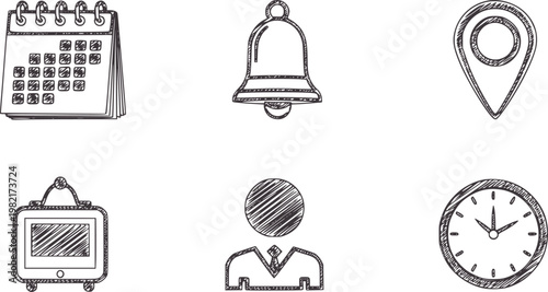 Six hand drawn calendar bell location suitcase person clock