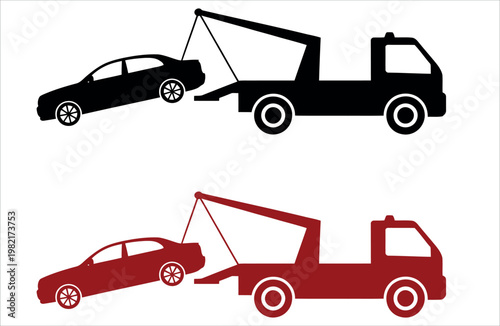 Flat design vector illustration of car towing service featuring black and red vehicles. Ideal for automotive, roadside assistance, transportation, and insurance marketing materials.