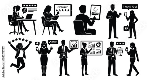 Business customer feedback silhouettes, professional people giving reviews and ratings, set of 10 vector icons for service evaluation and satisfaction