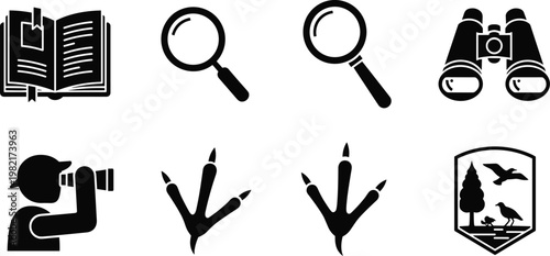 Exploration and Nature Icon Set Featuring Book, Magnifying Glass, Binoculars, Footprints, and Birdwatching Symbols for Adventure and Wildlife Concepts