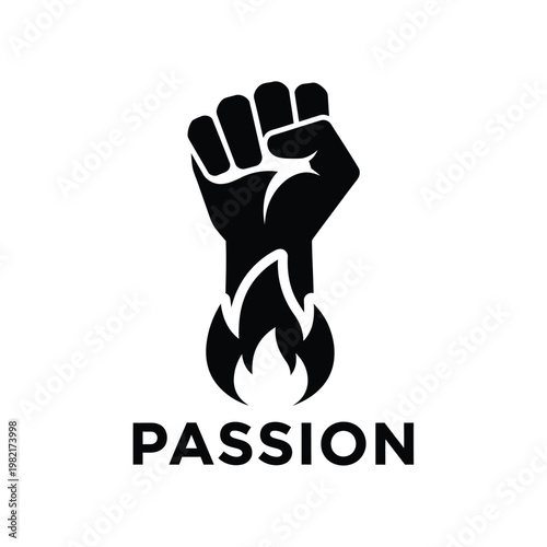 A striking black silhouette depicts a clenched fist emerging from flames accompanied by the bold text passion below high quality