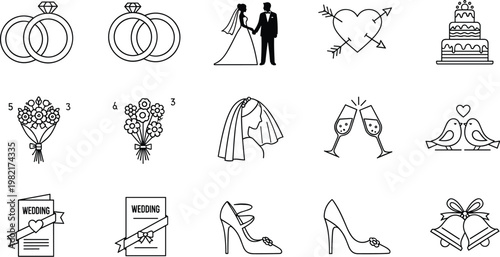 Wedding Icon Set with Engagement Rings, Bride and Groom, Bouquet, Cake, Love, and Celebration Symbols for Invitations, Websites, and Digital Designs