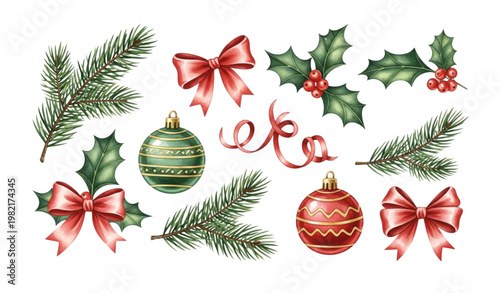 Decorative watercolor Christmas elements with fir holly berries ribbons and ornaments set