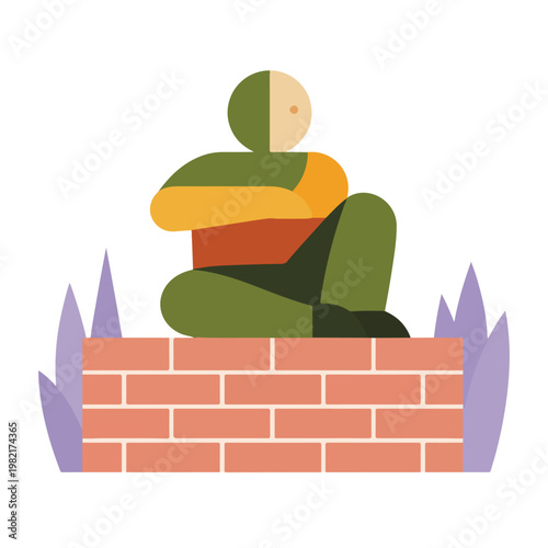 Lonely person sitting on brick wall, isolated figure, emotional state, mental health
