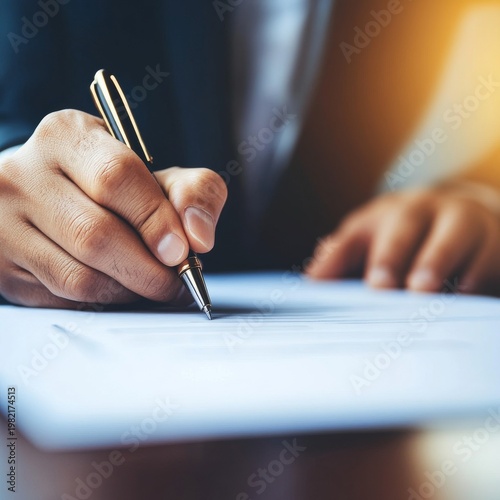 Close-up of a professional hand holding a pen, signing an important business contract document. Concept Legal agreement, official paperwork, finance, corporate signature. ,commitment