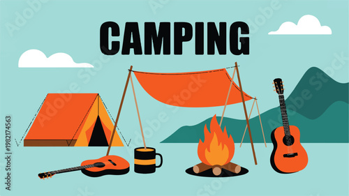 An outdoor scene depicts people camping with a tent, campfire, guitar, and coffee outdoors.