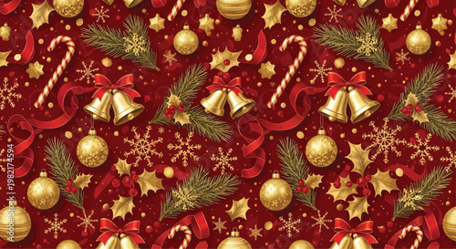 Christmas ornaments featuring golden bells, baubles, pine branches, and red ribbons create a festive seamless pattern on a deep red background.