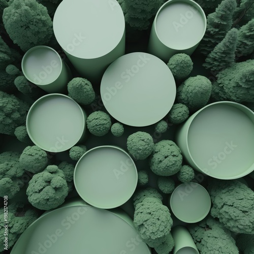 Minimalist forest canopy viewed from above, rendered as various sized sage green circles. Generative AI