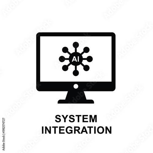 A simple black icon depicts a computer monitor displaying an ai neural network with text below high quality professional detailed