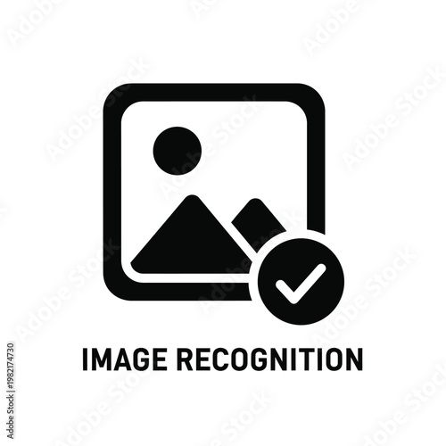 A minimalist black icon depicts a framed image with a checkmark representing image recognition technology high quality professional detailed modern