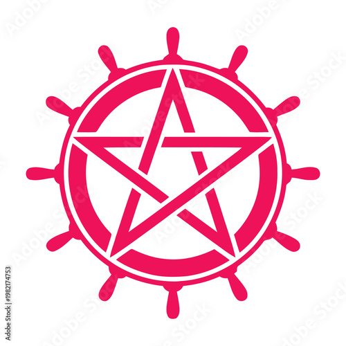Pink Pentagram Inside a Ship Steering Wheel Symbol Isolated on a Clean White Background Design