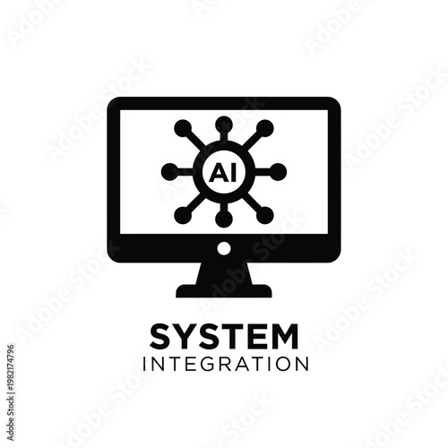 A minimalist graphic depicts a computer screen displaying an artificial intelligence symbol with the text system integration high quality professional