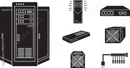 Collection of computer hardware and server equipment illustrations