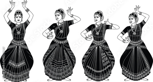 Beautiful Illustration Set of Indian Classical Bharatanatyam Dancers in Traditional Saree and Jewelry Performing Various Mudras and Graceful Poses Isolated on White Background