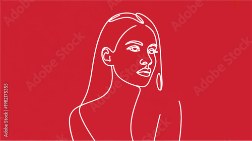 A minimalist line drawing depicts a woman's face and upper body against a solid red background with white lines.