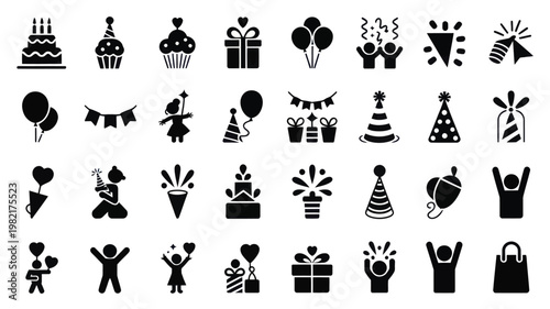Set of 35 Black Birthday Party Celebration Icons Vector