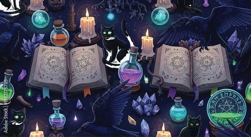 Witchcraft elements including open spellbooks, glowing potion bottles, black cats, and candles create a mystical pattern.