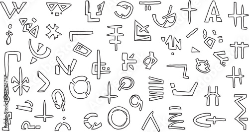 Intricate collection of hand drawn mechanical parts and engineering sketches in black and white