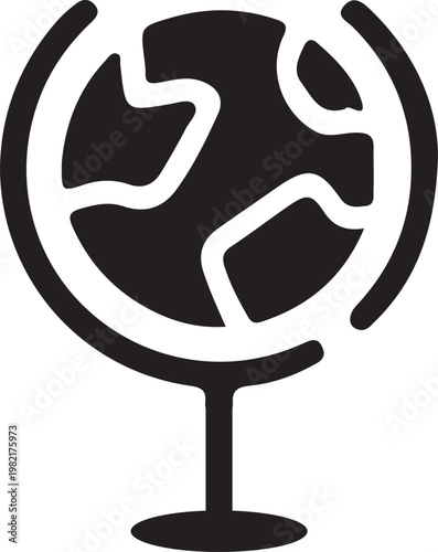 Minimalist World Globe Icon: Solid Black Earth Silhouette with Stand and White Continental Outlines for Geography, Global Studies, and Education Graphic Design