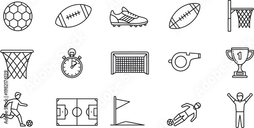Sports equipment icons set a collection of line art representing various athletic activities and gear