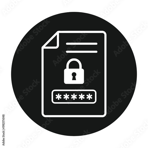 Secure Document File Icon with Password Protection and Padlock Symbol on Circular Black Background