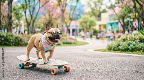 Playful Dog in Sunglasses Skating on a Colorful Board in Park