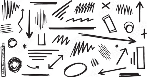 Abstract black and white scribble collection diverse hand drawn lines arrows and shapes on white background