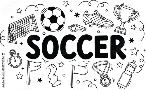 Foto A whimsical black and white doodle illustration celebrating the sport of soccer
