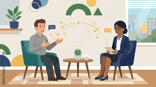 A flat design illustration showing a therapist and client in a supportive conversation, symbolizing professional mental health care and counseling.