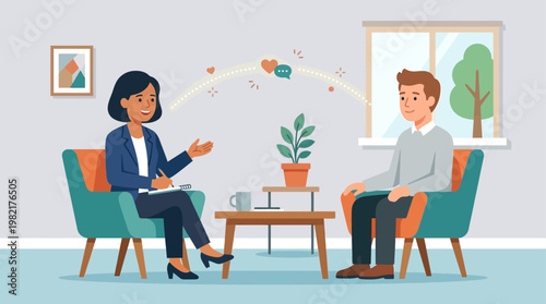 A flat design illustration showing a therapist and client in a supportive conversation, symbolizing professional mental health care and counseling.