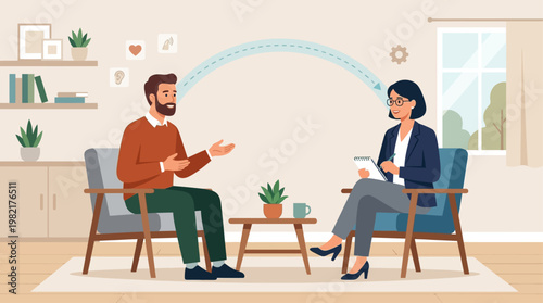 A flat design illustration showing a therapist and client in a supportive conversation, symbolizing professional mental health care and counseling.