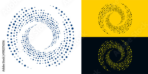 Halftone spiral dots vortex for technology, data concepts, radial graphic design element patterns, helix, rotation arc, spiral swirl