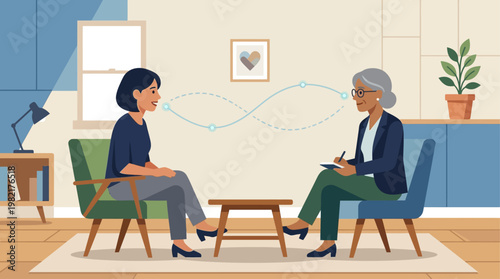 A flat design illustration showing a therapist and client in a supportive conversation, symbolizing professional mental health care and counseling.