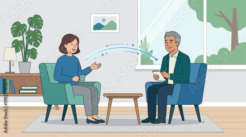 A flat design illustration showing a therapist and client in a supportive conversation, symbolizing professional mental health care and counseling.