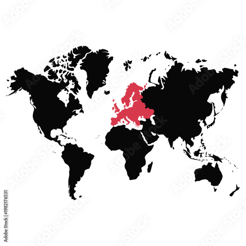 Bilde på lerret World map silhouette with Europe highlighted in red on transparent background, geopolitical representation
