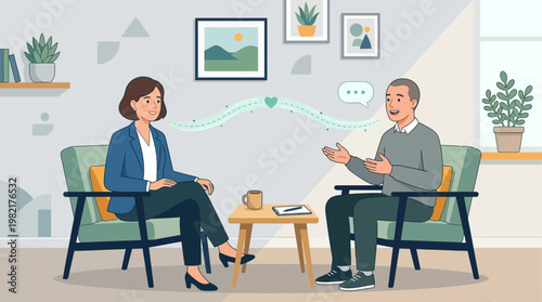 A flat design illustration showing a therapist and client in a supportive conversation, symbolizing professional mental health care and counseling.