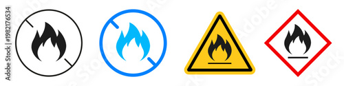 No fire icons. Flammable material warning sign, indicating flammable gases, aerosols, liquids or solids, flammable hazard icon. Fire ban and prohibition symbol