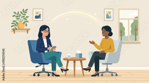 A flat design illustration showing a therapist and client in a supportive conversation, symbolizing professional mental health care and counseling.
