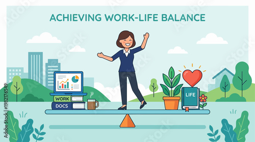 This flat design illustration depicts a person effectively balancing work and personal life elements, highlighting the importance of equilibrium for mental well-being