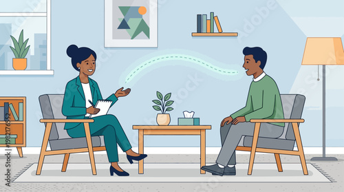 A flat design illustration showing a therapist and client in a supportive conversation, symbolizing professional mental health care and counseling.