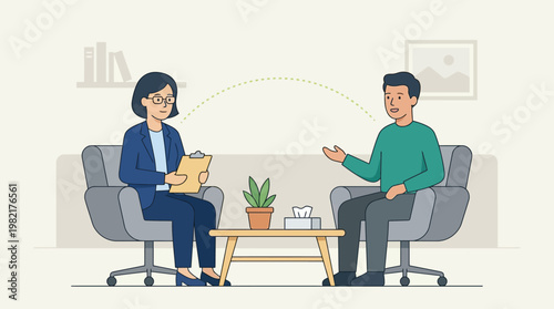 A flat design illustration showing a therapist and client in a supportive conversation, symbolizing professional mental health care and counseling.