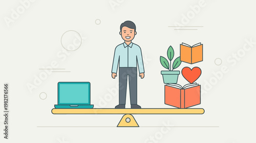 This flat design illustration depicts a person effectively balancing work and personal life elements, highlighting the importance of equilibrium for mental well-being